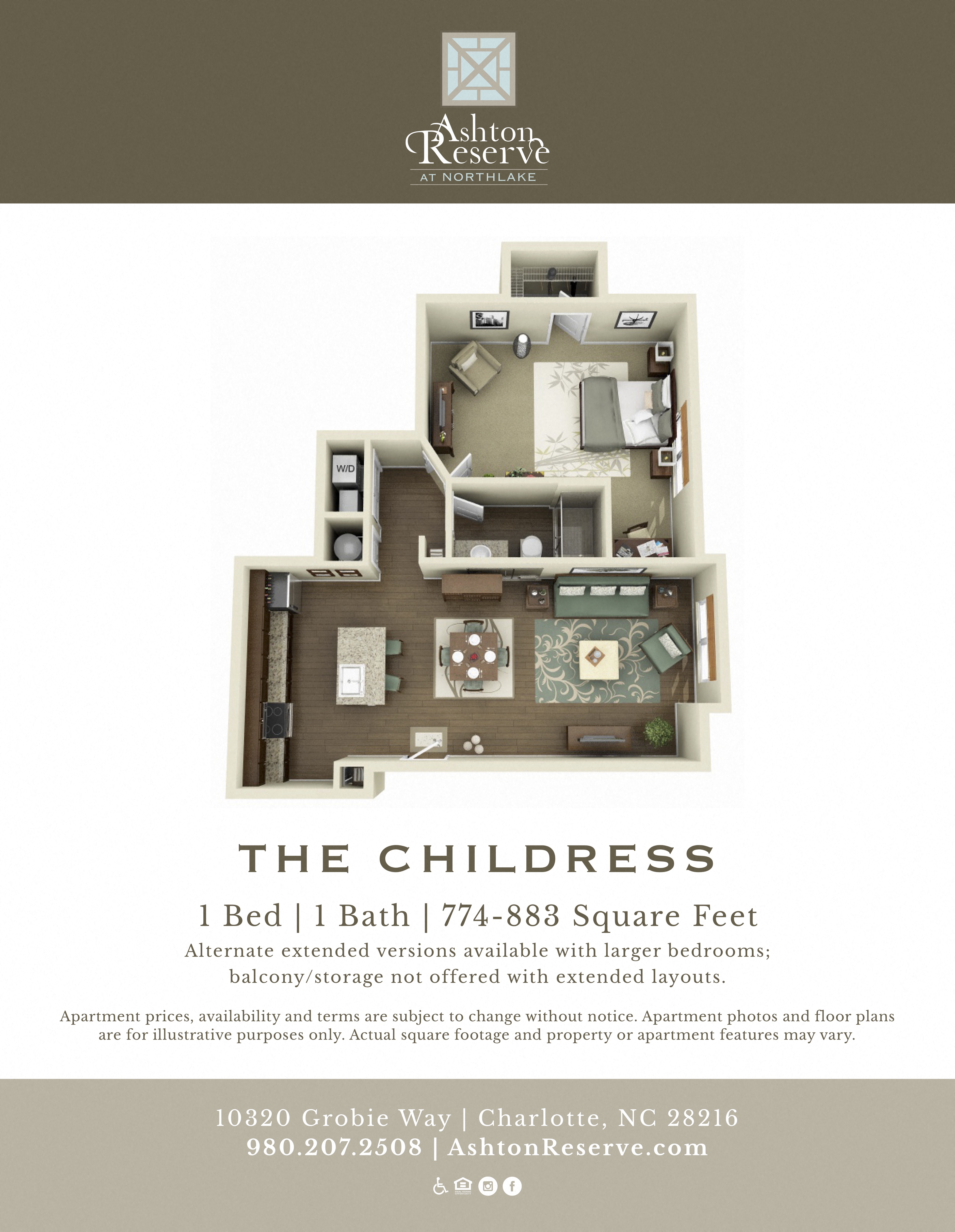 Floor plan for 1 bed, 1 bath, 774 sqft